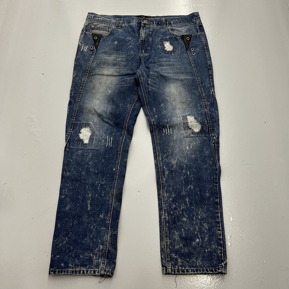 Krome Mens 40x32 Distressed Acid Wash Streetwear Denim Jeans Blue Grommet Pocket